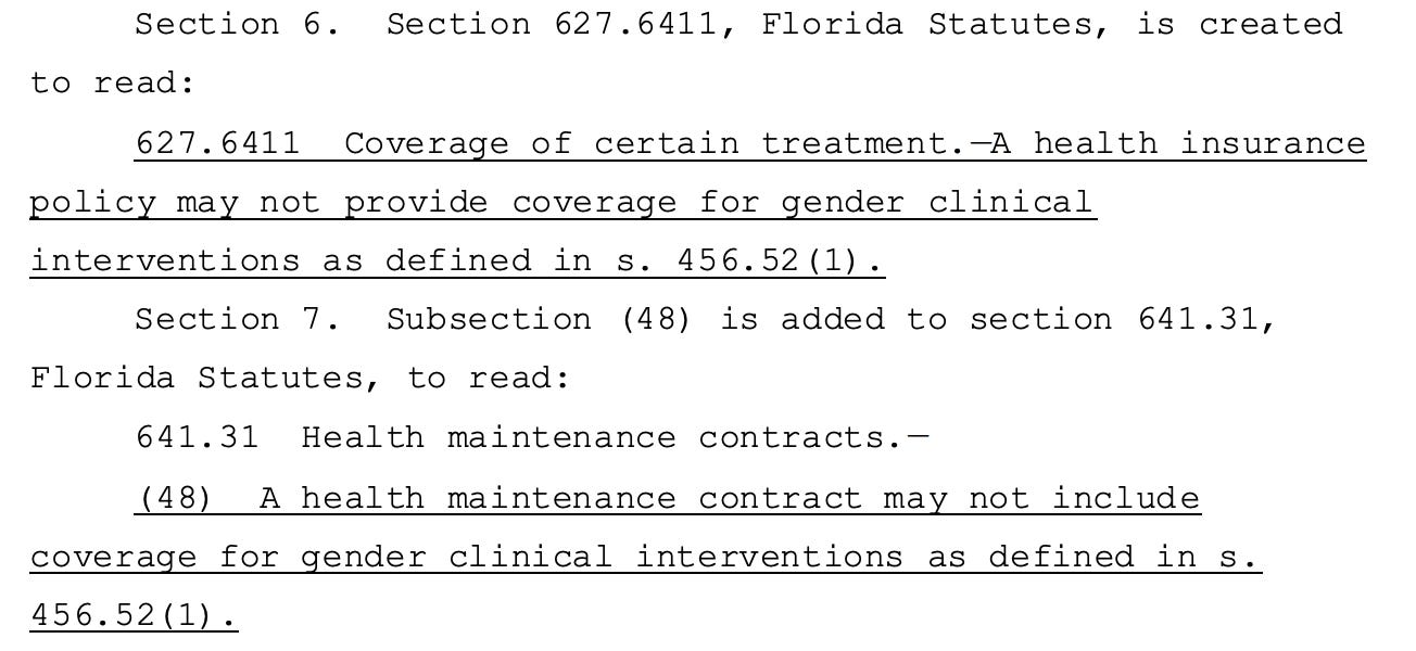 Section 6. Section 627.6411, Florida Statutes, is created 183 to read: 184 627.6411 Coverage of certain treatment.—A health insurance 185 policy may not provide coverage for gender clinical 186 interventions as defined in s. 456.52(1). 187 Section 7. Subsection (48) is added to section 641.31, 188 Florida Statutes, to read: 189 641.31 Health maintenance contracts.— 190 (48) A health maintenance contract may not include 191 coverage for gender clinical interventions as defined in s. 192 456.52(1).