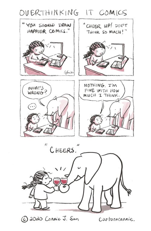 comic strip, comics, cartoon, illustration, overthinking, humor, sketchbook, connie sun, cartoonconnie