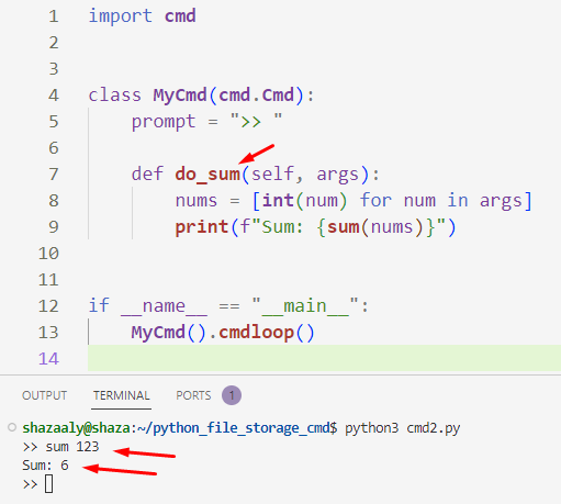 The if __name__ == "__main__": clause at the end of the code defines the main function. The main function creates an instance of the MyCmd class and calls the cmdloop() method. The cmdloop() method enters a loop that reads commands from the user and executes them.