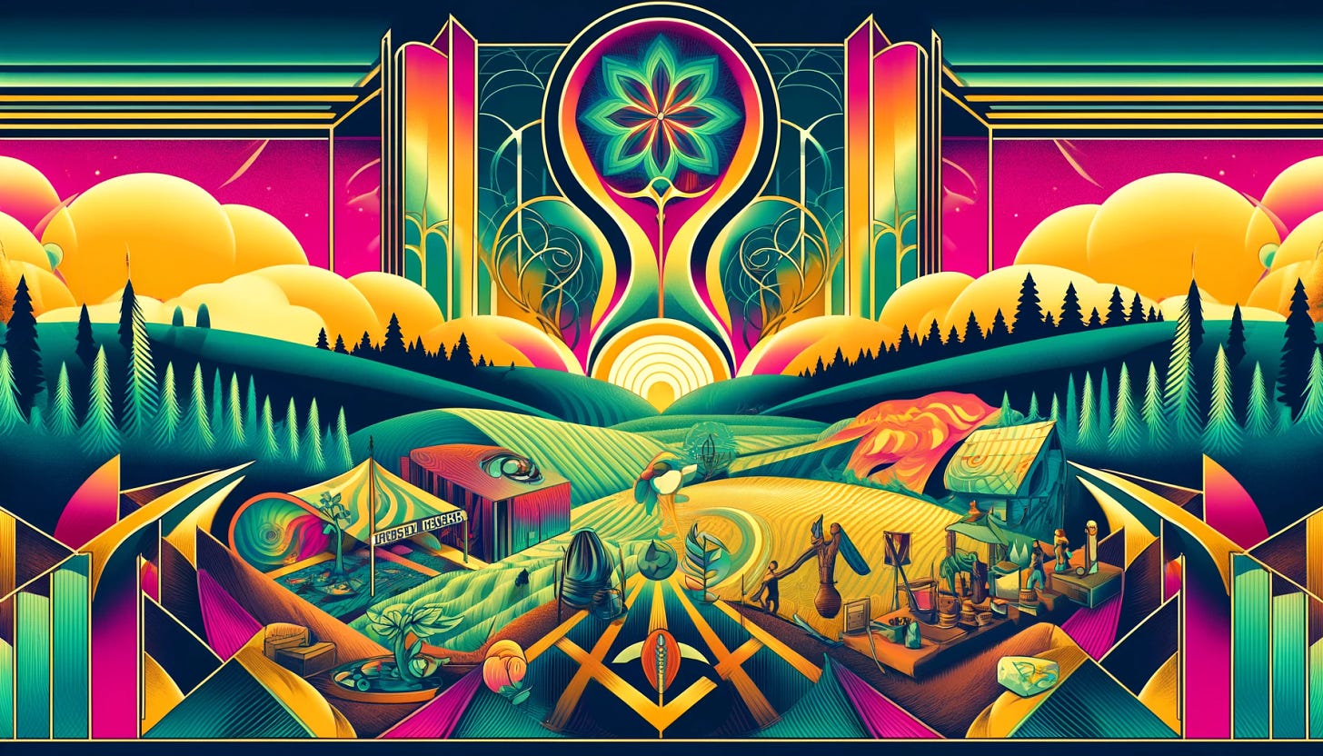 A psychedelic inspired Art Deco illustration for an event thumbnail. The image depicts a vibrant, nature-focused gathering at Wildseeds Ranch. The background features abstract, colorful patterns and geometric designs symbolizing growth and regeneration. The foreground includes stylized elements such as trees, community members, and tools for sustainable living. The overall design combines the elegance of Art Deco with the vibrant, surreal elements of psychedelic art, reflecting the theme of regenerative lifestyle and community building.