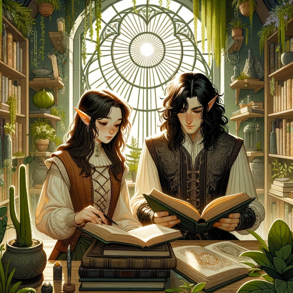 Illustration of a young female elf with medium-length brown hair and a male elf mage with long black curly hair sitting together in a cozy, eco-friendly library within a solarpunk setting. They are deeply engrossed in ancient spellbooks, surrounded by shelves of books and soft, green foliage. The library is filled with natural light and plants, creating a tranquil and magical atmosphere. The elves exhibit a sense of calm focus as they study the mystical texts together.