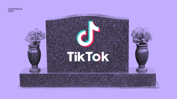 A gravestone features the TikTok logo and the word “TikTok” in its recognizable font on the front. Two ornate flower vases filled with artificial flowers are on either side of the gravestone. The gravestone and flower vases has a purple tint on a purple backdrop. In the top-left corner, there is a faint watermark that says "ADRYAN'S POV."