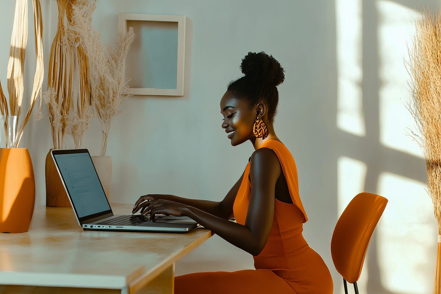 Young woman typing on a MacBook Pro in a stylish studio office.