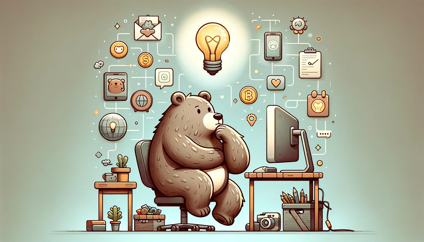 A cartoon-style illustration of a bear sitting thoughtfully at a desk, surrounded by technology symbols like a computer, mobile phone, and web icons. The bear is depicted in a moment of introspection, with a whimsical light bulb above its head, representing the process of identifying motivation for a career in technology. The scene is designed with muted, softer colors, conveying a sense of curiosity, passion, and ambition, reflecting various reasons for pursuing a tech job, like monetary gain, love for technology, or the desire to create something like a game, website, or app.