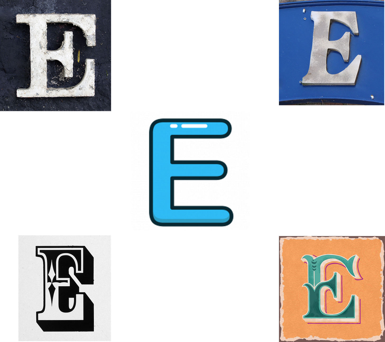 decorative - five letter E's in different fonts