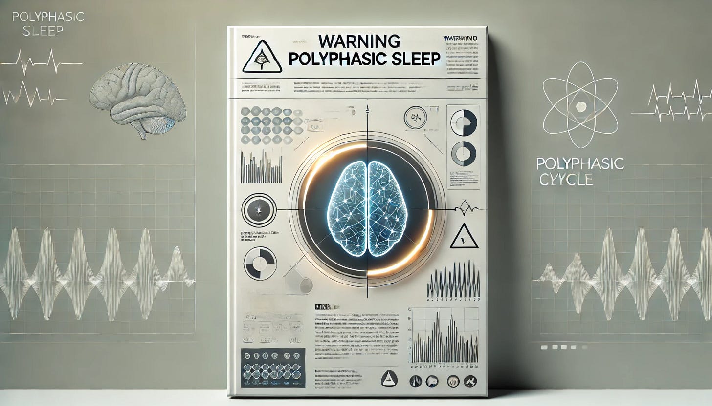 A visually engaging and professional cover image representing a medical warning about polyphasic sleep. The image should depict a futuristic, minimalistic medical theme with a neutral, calming color palette. Elements may include a digital brain scan, a sleep cycle graph, and a subtle cautionary symbol. The composition should be sleek and modern, without any text overlay. The background should be clean and visually appealing, emphasizing a scientific and medical context.