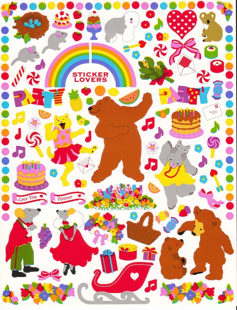 Jumbo Vintage Mrs Grossman Sticker Lovers Sheet - Bear Cat Mouse Dance Celebration Party Birthday Cake Candy Fruit Gift Scrapbook image 1