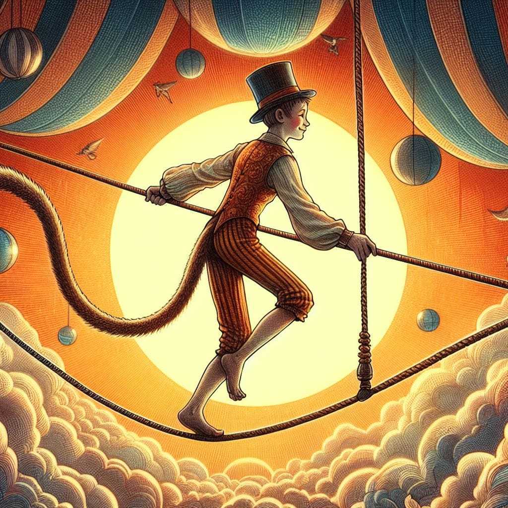 tightrope walker with a tail, in a circus, solarpunk drawing