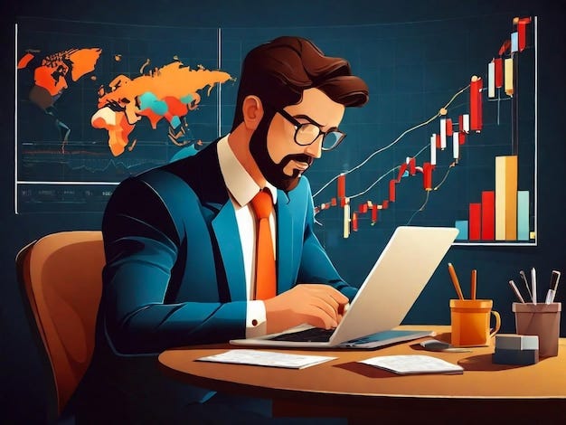 Stock trader broker male cartoon character sitting at trader desk in front  of computer screen flat vector illustration Trading room interior Stock  market data | Premium AI-generated image
