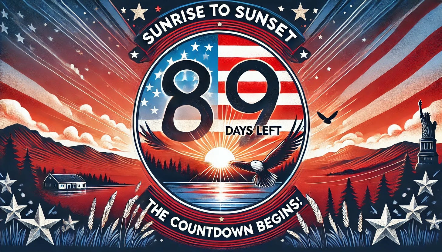 Sunrise to Sunset: 89 Days Left – The Countdown Begins, patriotic theme, sunrise, sunset, American flag, election countdown.