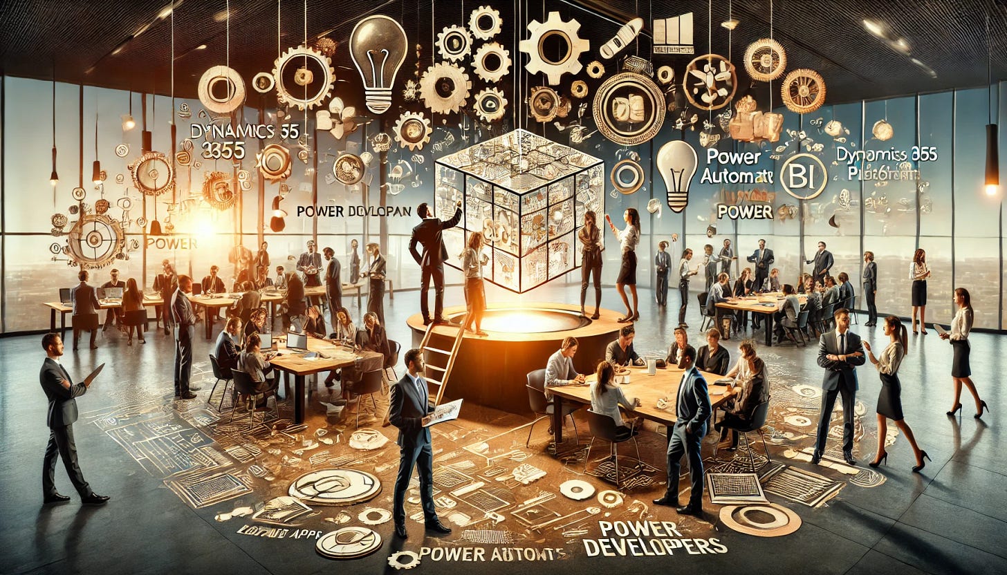 An office scene showcasing innovation and lateral thinking in business technology projects. A diverse team of professionals, including business analysts, developers, and citizen developers, is gathered around a wide table covered with diagrams of Dynamics 365 and Power Platform icons such as Power Apps, Power Automate, Power BI, and Power Virtual Agents, alongside creative sketches. One team member is actively drawing a solution on a wide whiteboard, stepping 'outside a box' to symbolize lateral thinking. In the background, floating elements like gears, lightbulbs, and puzzle pieces represent creativity and problem-solving. The setting is modern and dynamic, with a collaborative atmosphere, warm lighting, and a sense of energy and innovation.