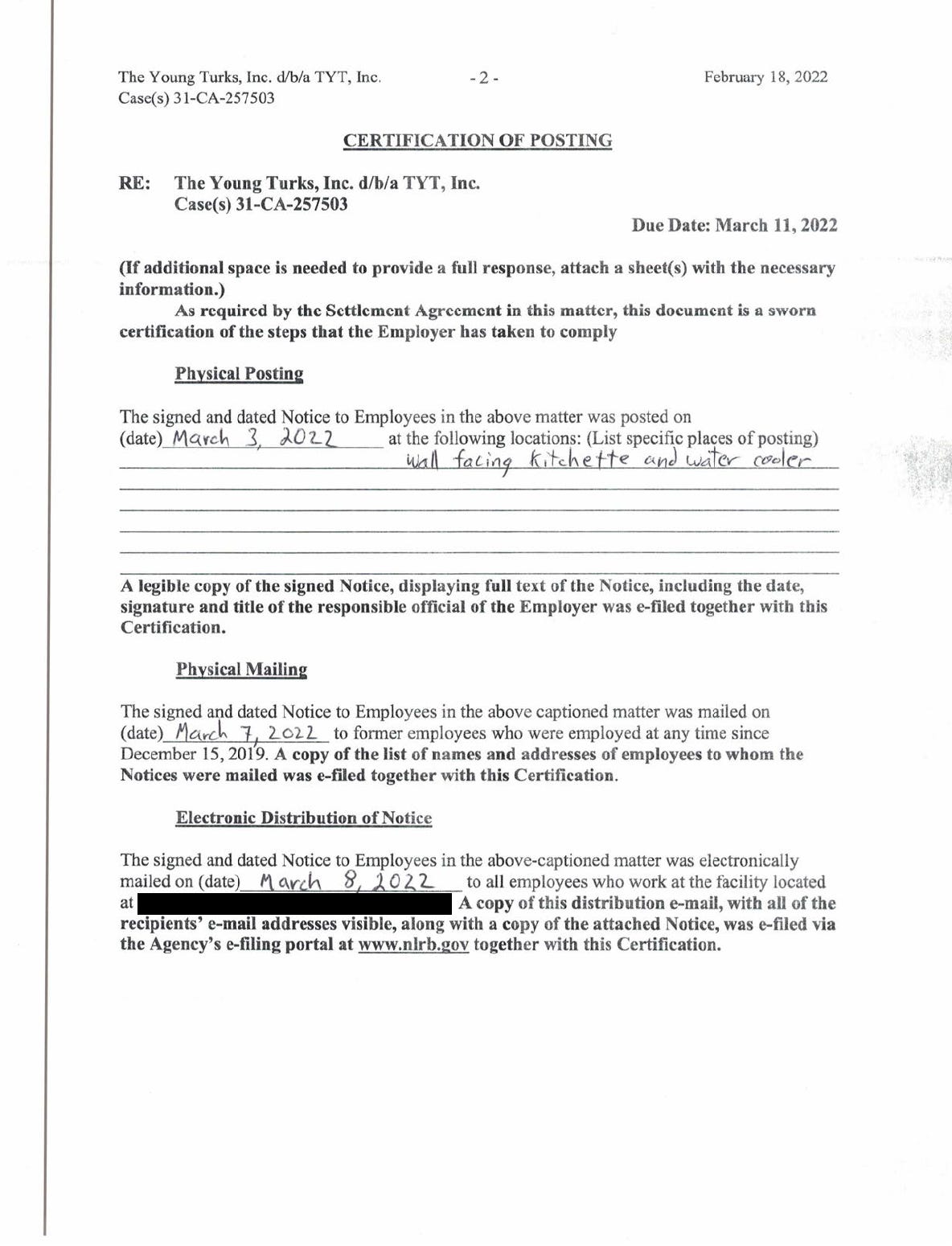 Document titled "Certification of posting" from the NLRB regarding The Young Turks NLRB Notice indicating it was placed on "wall facing kitchette and water cooler" and requires physical mailing to former employees as well as emailing to current employees
