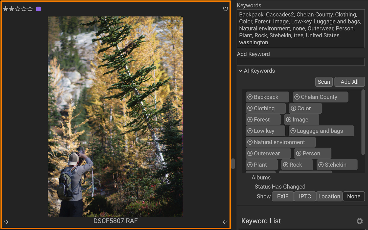 A screenshot of ON1 Photo Keyword AI showing a photo of a man taking a picture of trees at left, and panels at right that include keywords the app generated based on the image.
