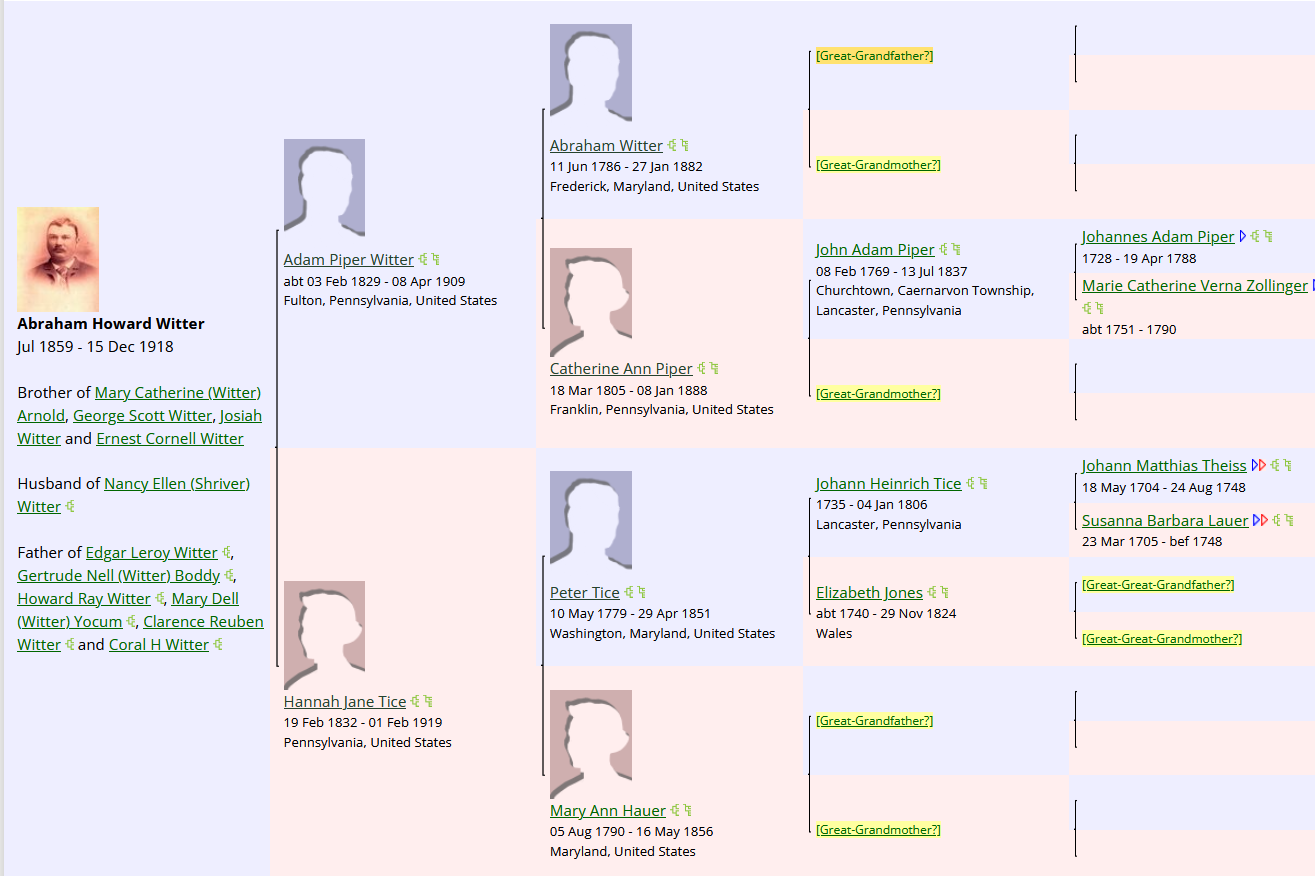 screenshot of Abe Witter's WikiTree ancestry chart