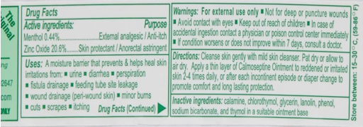 Calmoseptine ointment back label 