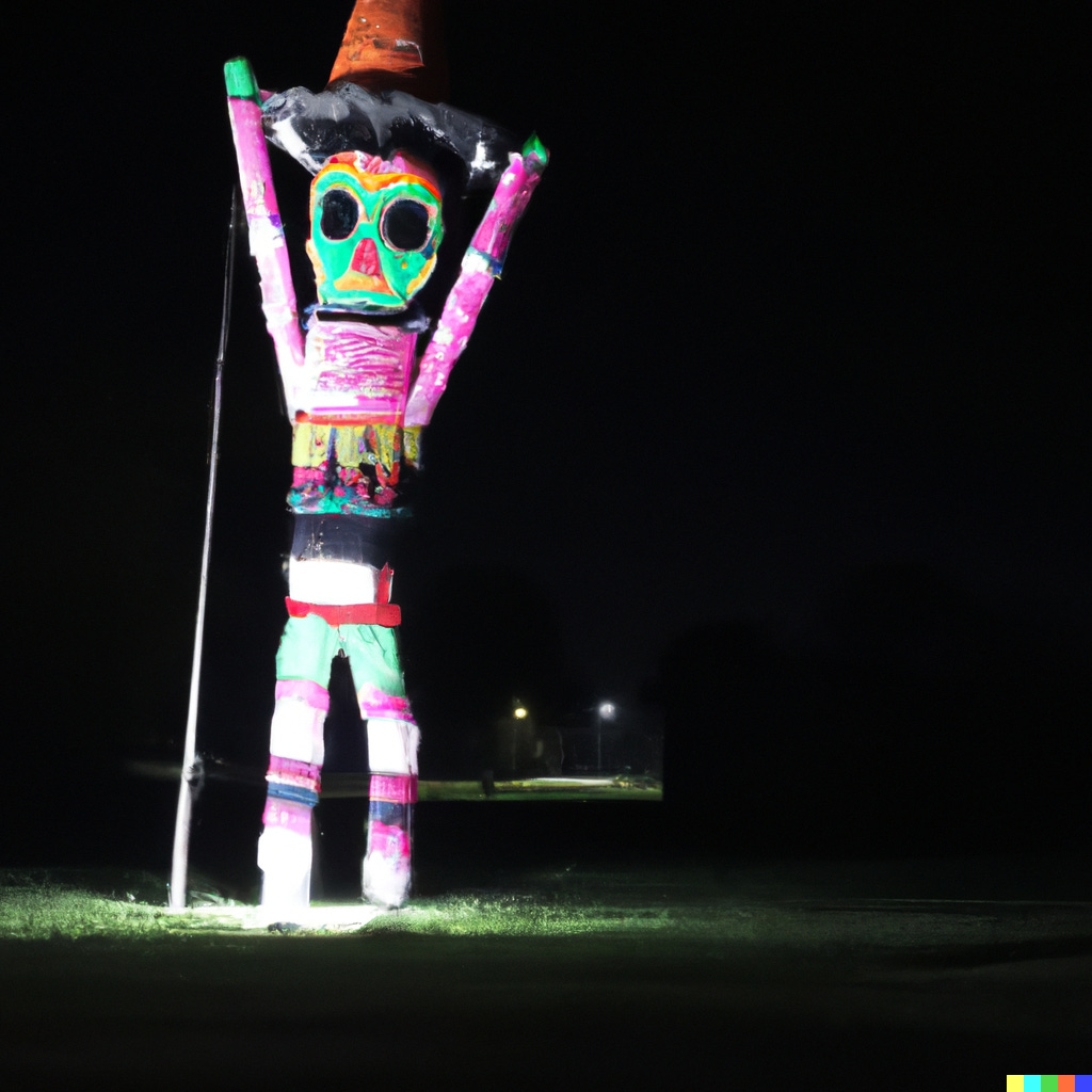 A photo of a giant calavera pinata standing in a field at night.