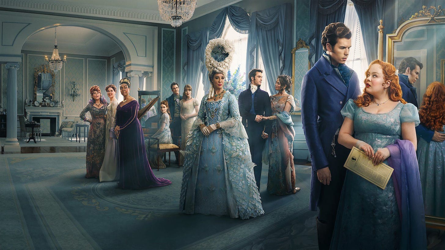 The cast of Bridgerton in the season 3 poster standing together in a ballroom in elegant clothes