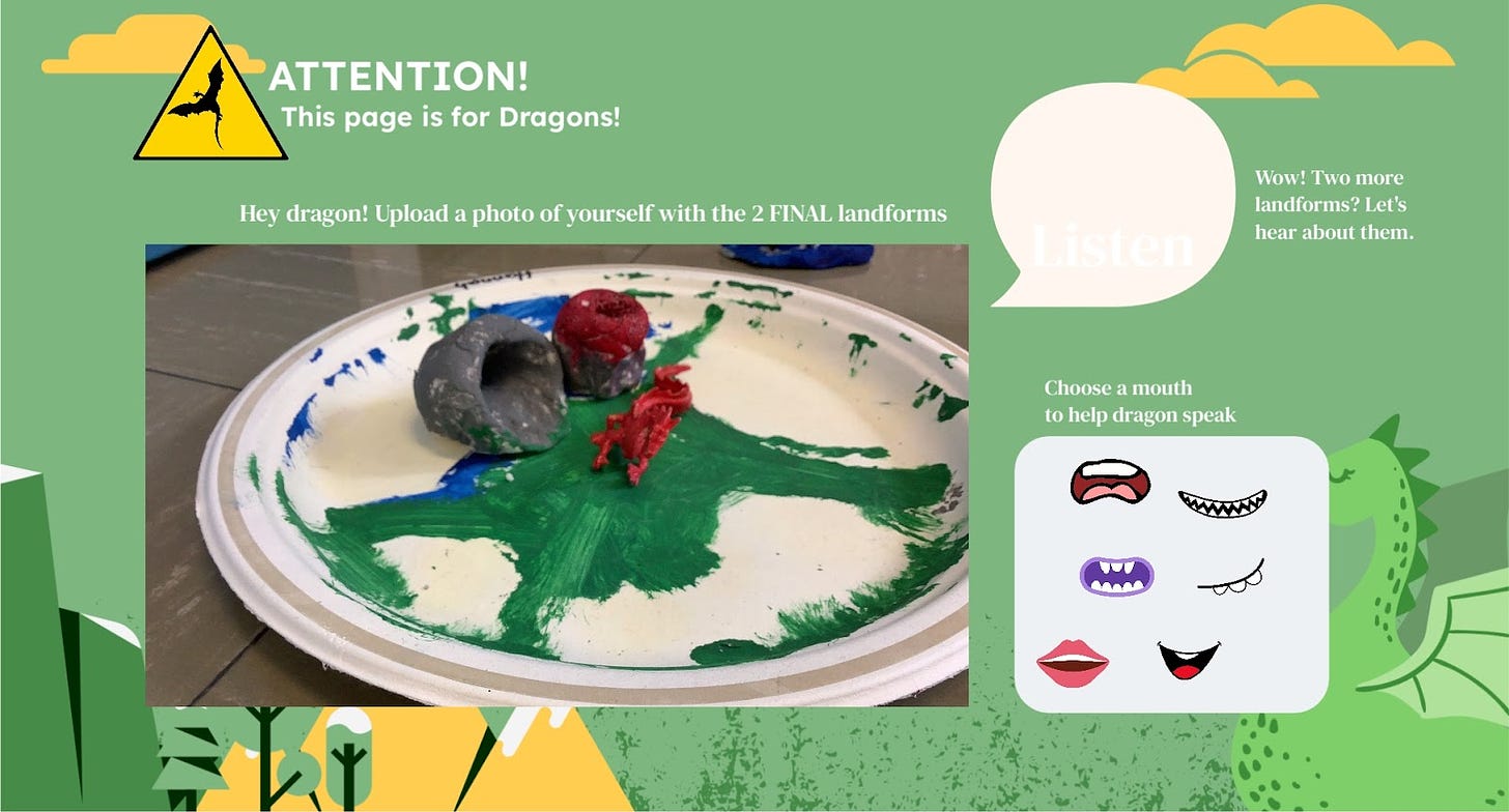 A Seesaw classroom post with a red toy dragon next to landforms sculpted out of playdough.