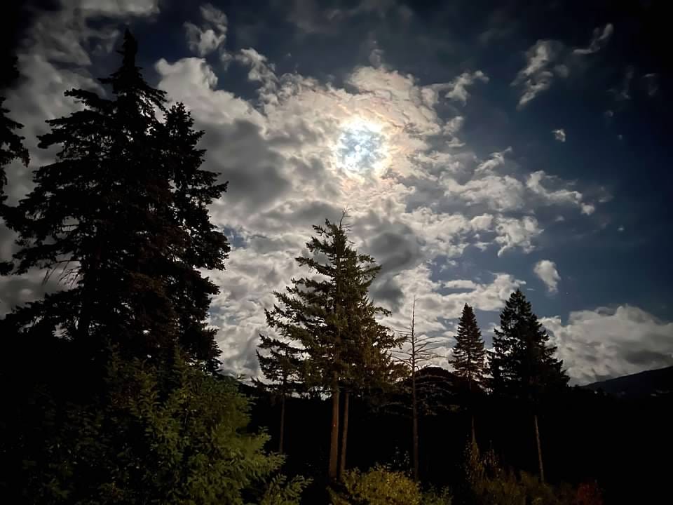 A mountain scene where the full moon shines from behind thin clouds. You can just see its round outline. Evergreen trees are in the foreground.