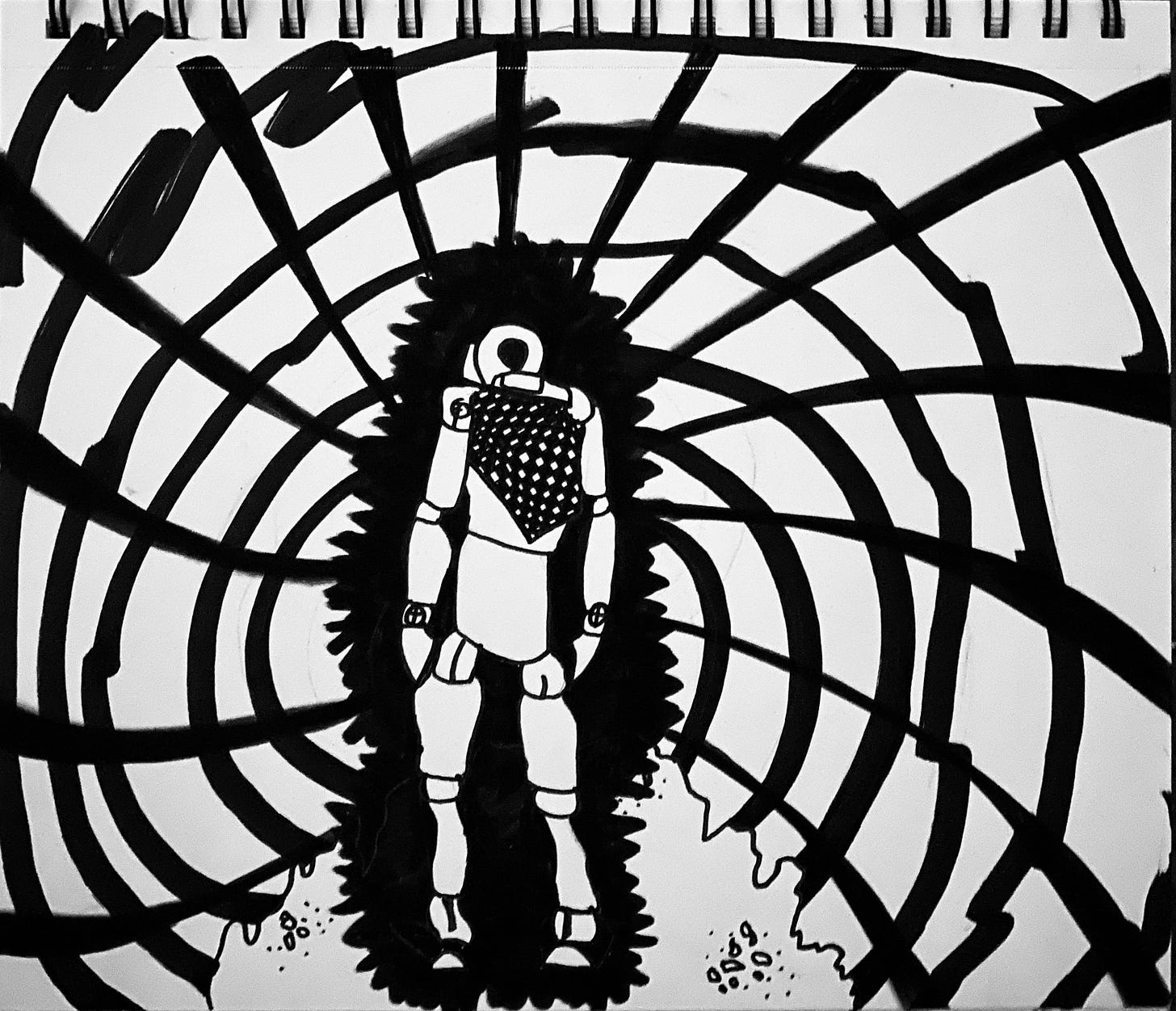 Black and white ink drawing of a robot/humanoid figure walking into a swirling void.