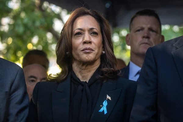 A close-up of Kamala Harris, a solemn look on her face, at a Sept. 11 memorial event on Wednesday.