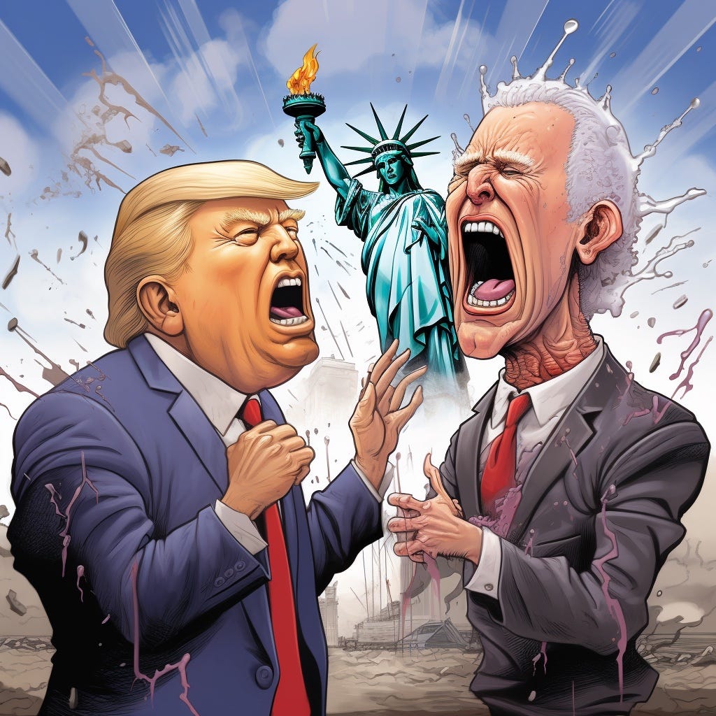Donald Trump and Joe Biden screaming at each with the statue of liberty crumbling in the background.