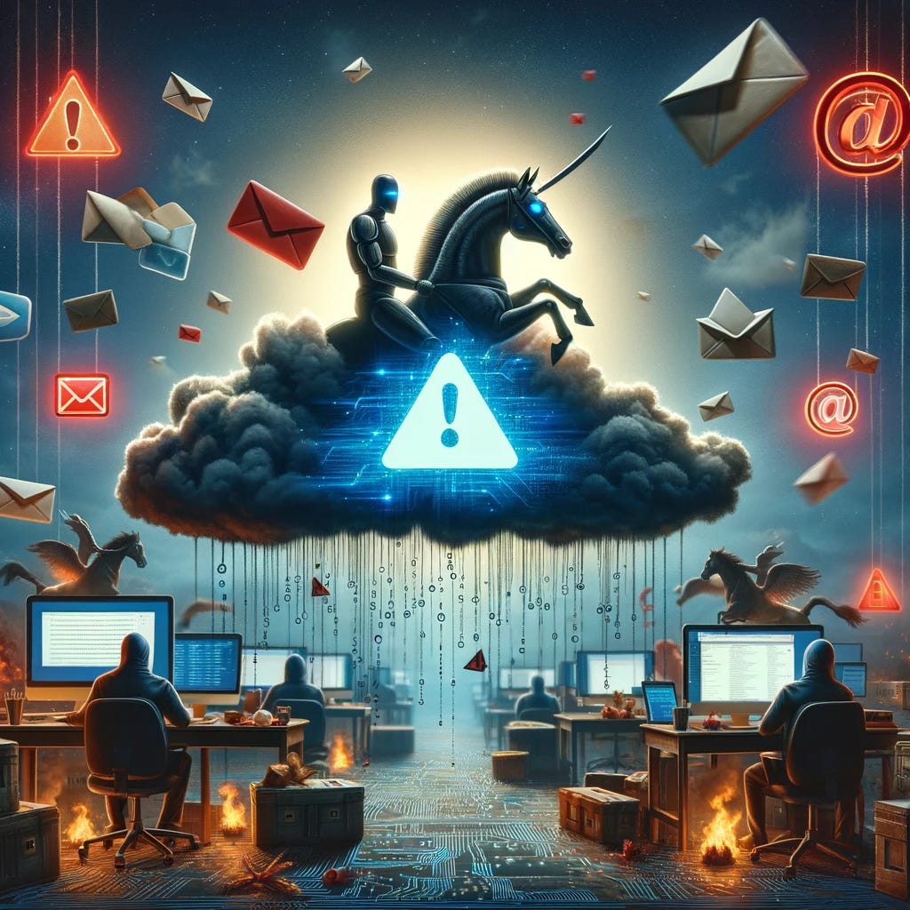 Create a captivating illustration that embodies the essence of a sophisticated phishing campaign exploiting Java vulnerabilities to spread malware. The scene should depict a symbolic representation of a cyber attacker using public services like clouds (Amazon Web Services, GitHub) as a platform to launch a trojan horse into a computer system, with email symbols floating around as the method of attack. Incorporate visual elements that convey a high level of threat and urgency, such as warning signs or red alerts, to emphasize the severity of the attack. The illustration should be engaging, with a blend of digital and traditional cyber warfare imagery, suitable for accompanying a journalistic article.