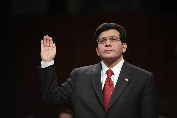 Washington, UNITED STATES: US Attorney General Alberto Gonzales is sworn-in before the Senate Judiciary Committee 19 April, 2007 on Capitol Hill in...