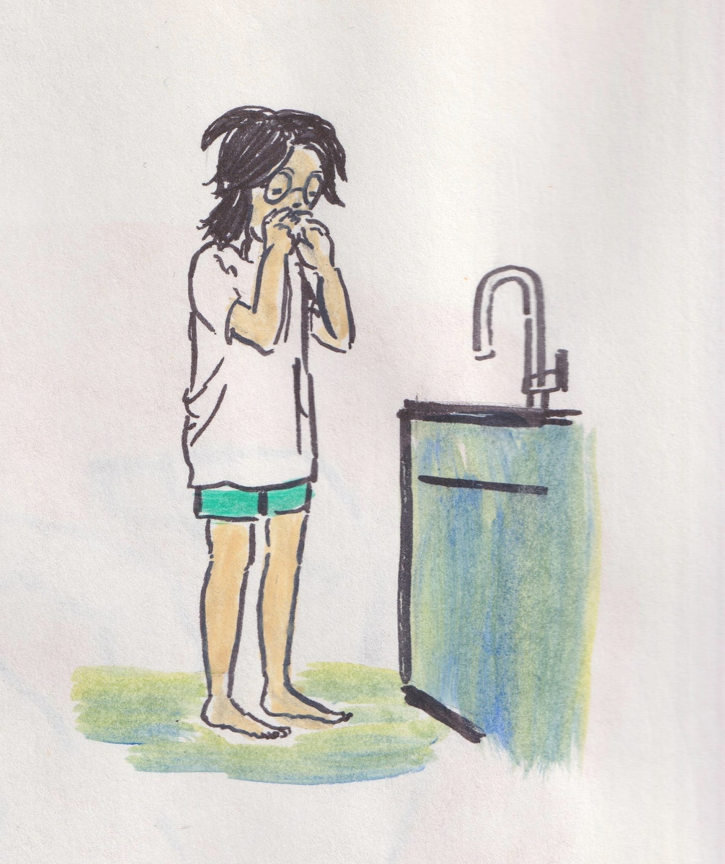 Painting of me in PJs at the sink gnawing on a chicken wing. 