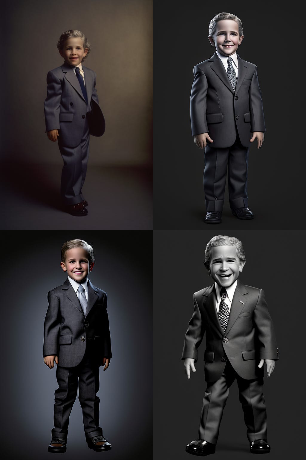 George W Bush as a kid, full body shot, studio photography, volumetric lighting, wearing a suite, smiling, mischievous, realistic, 35mm, expressive, iconic, 4k