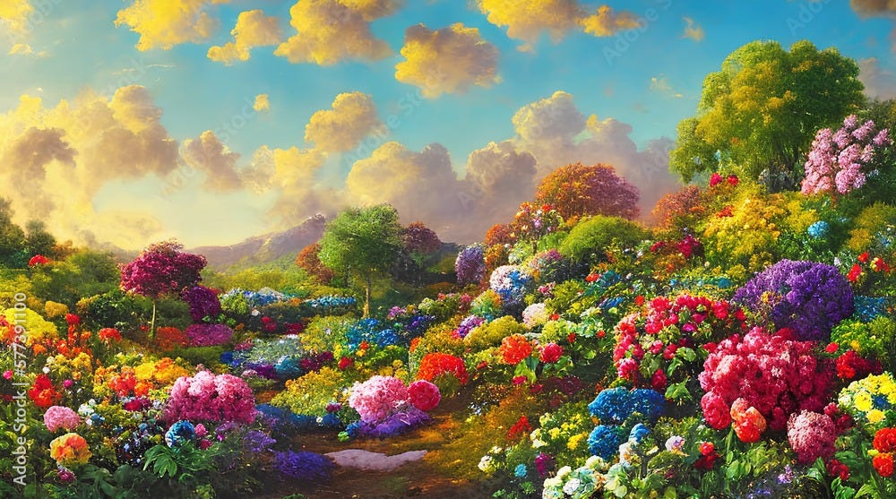 Paradise garden full of flowers, beautiful idyllic Paradise garden full of  flowers, beautiful idyllic background with many flowers in eden, 3d  illustration with vivid colors. Generative Ai. Stock Illustration | Adobe  Stock