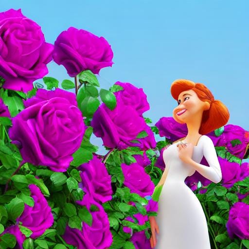 A cartoom of a woman in a white dress surrounded by large purple roses