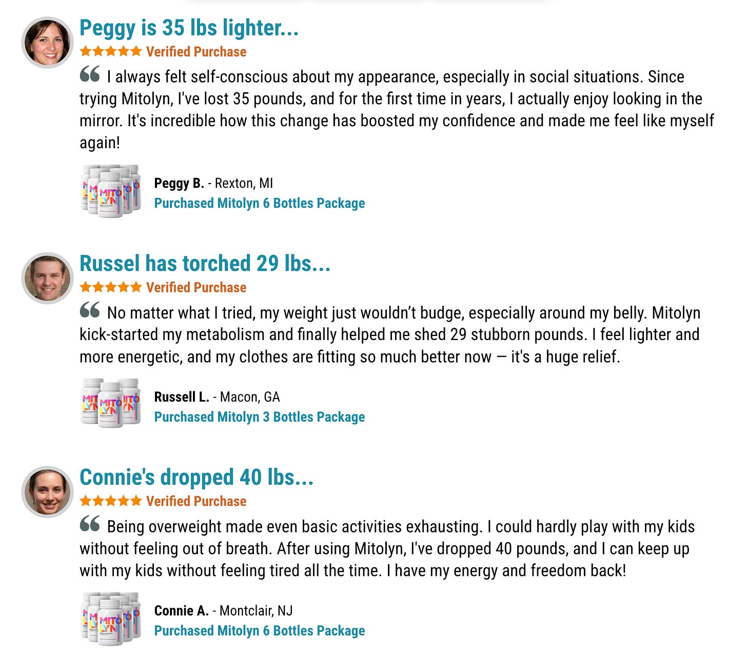 screenshot of the mitolyn.com website, showing 3 reviews from "customers" with GAN-generated faces