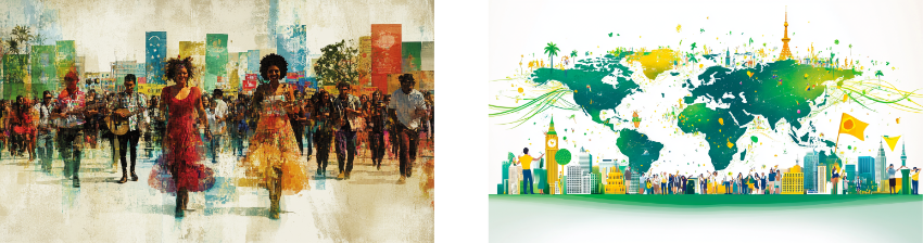 Two-part image: the left side depicts a colorful, abstract scene of people joyfully dancing and playing music in a street parade, with splashes of vibrant hues and urban elements in the background, conveying energy and cultural expression. The right side features a stylized world map with green and yellow tones, surrounded by iconic landmarks and diverse groups of people, symbolizing global unity and celebration of cultures.