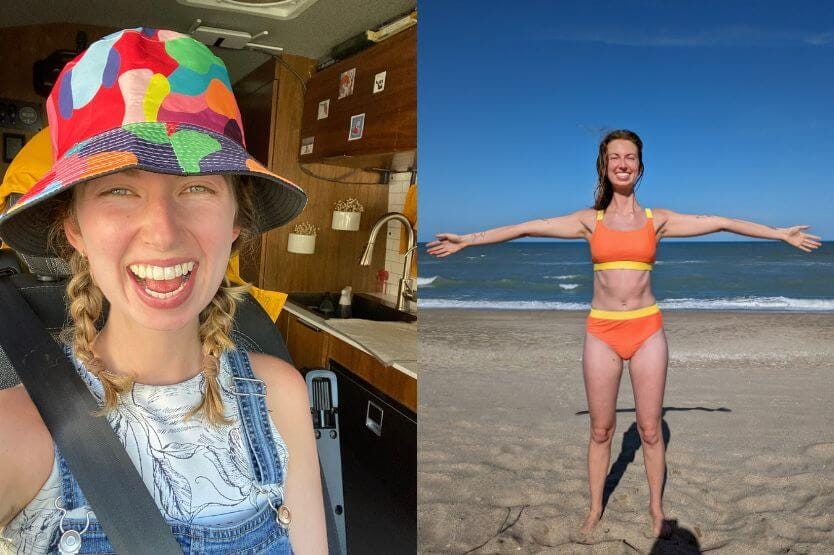 Two photos sit side by side in the frame. In the first, I take a selfie while wearing a brightly colored hat and sitting in the front passenger seat of our converted van. In the second, I spread my arms wide in front of the ocean.