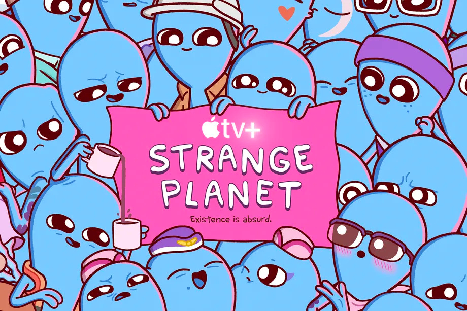 Promotional poster for "Strange Planet" on Apple TV+, featuring a crowd of light blue "Beings," the cute, alien-like species that inhabit the world of the show. The Beings all have a uniform look (egg-shaped heads with big eyes, no nose, and expressive mouths), but they also have unique identifying accessories to differentioate them, such as hats, glasses, makeup, and accessories like coffee mugs.