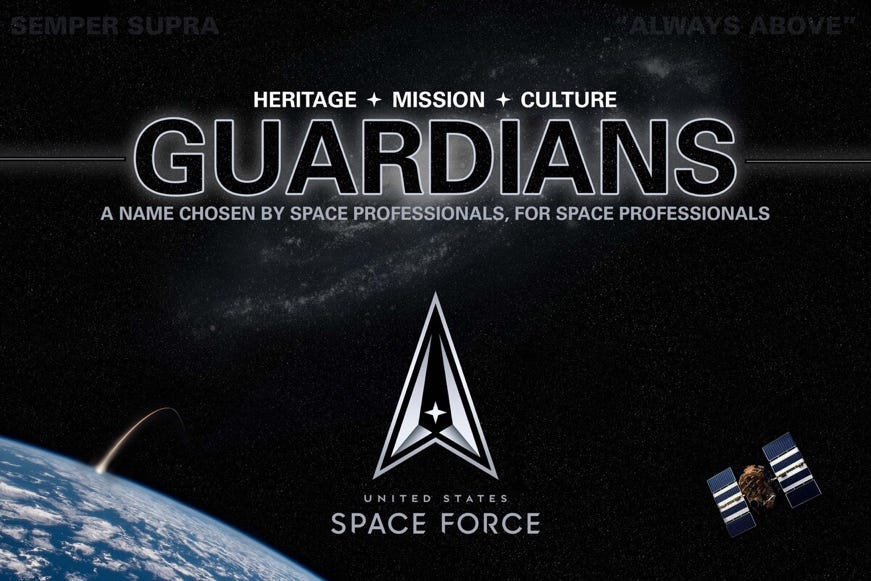 The United States Space Force graphic stating their people are known as Guardians, "a name chosen by space professionals for space professionals."  Above the word "Guardians" are the words "Heritage" "Mission" and "Culture". These words are on the black background of space with the surface of the earth in the left lower foreground. A satellite is depicted in the lower right of the image with the space force "delta" logo in the center of the image.