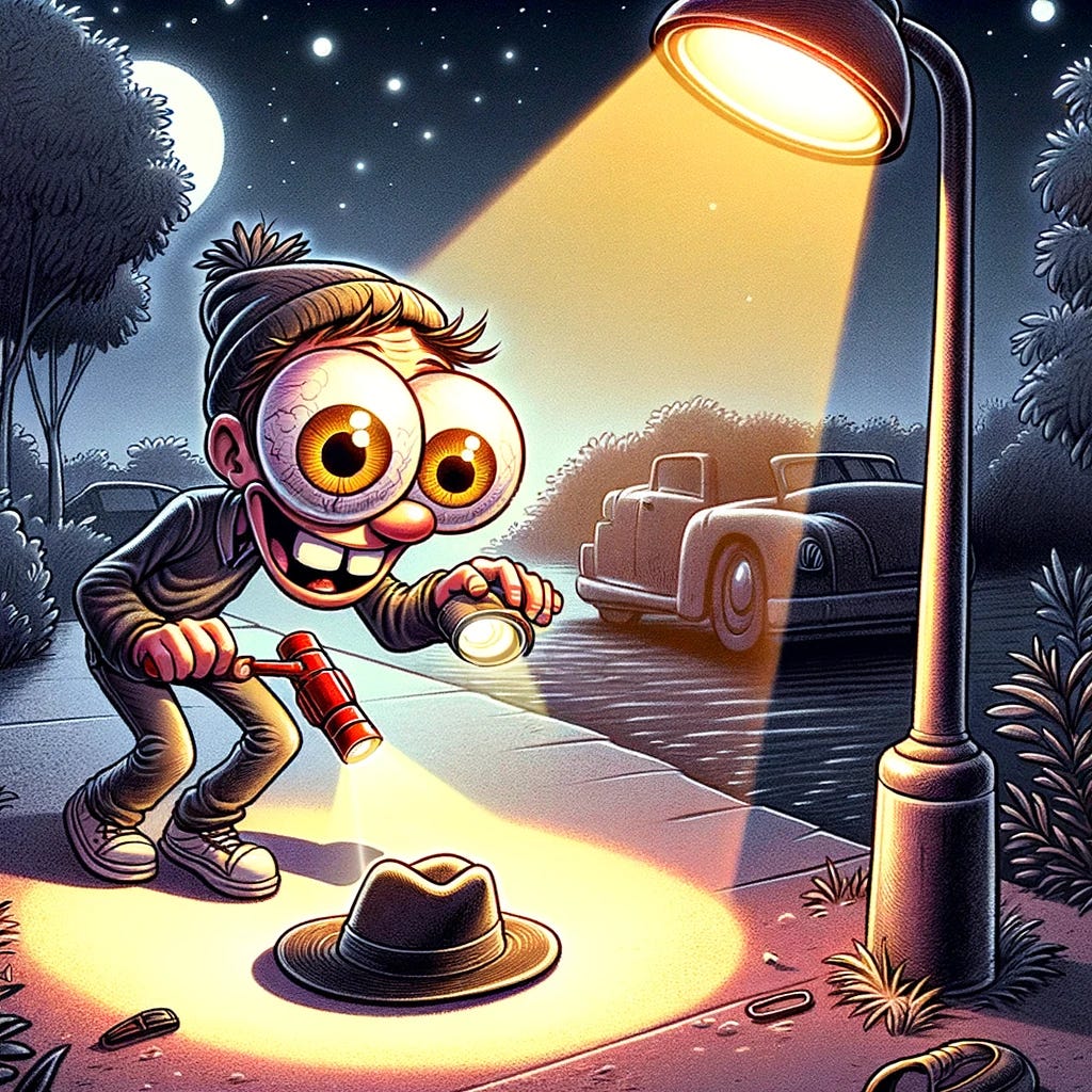 A humorous and exaggerated cartoon depicting the 'streetlight effect.' The scene shows a person, humorously portrayed with large, curious eyes and a puzzled expression, searching under a brightly lit streetlamp at night. The surrounding area is dark, but in the shadows, the object they are searching for, like a hat or a wallet, is conspicuously visible, underscoring the absurdity of the situation. The person is using a flashlight to search under the lamp, adding to the comedic aspect of searching in the wrong place. The background includes playful elements that subtly reinforce the theme of misguided searching.