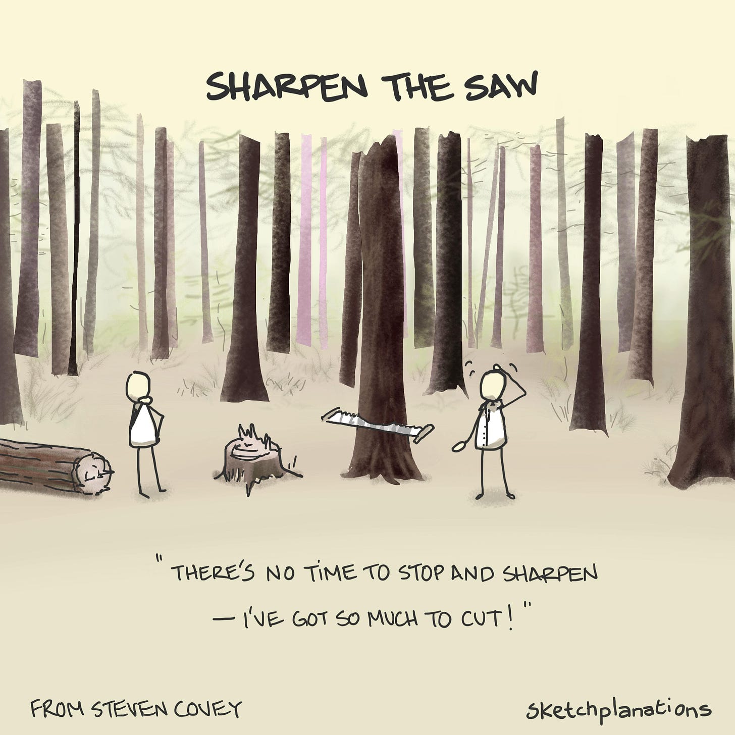 Sharpen the saw from Stephen Covey illustration: A woodcutter explains that they have no time to stop and sharpen the saw as they have so many trees to cut