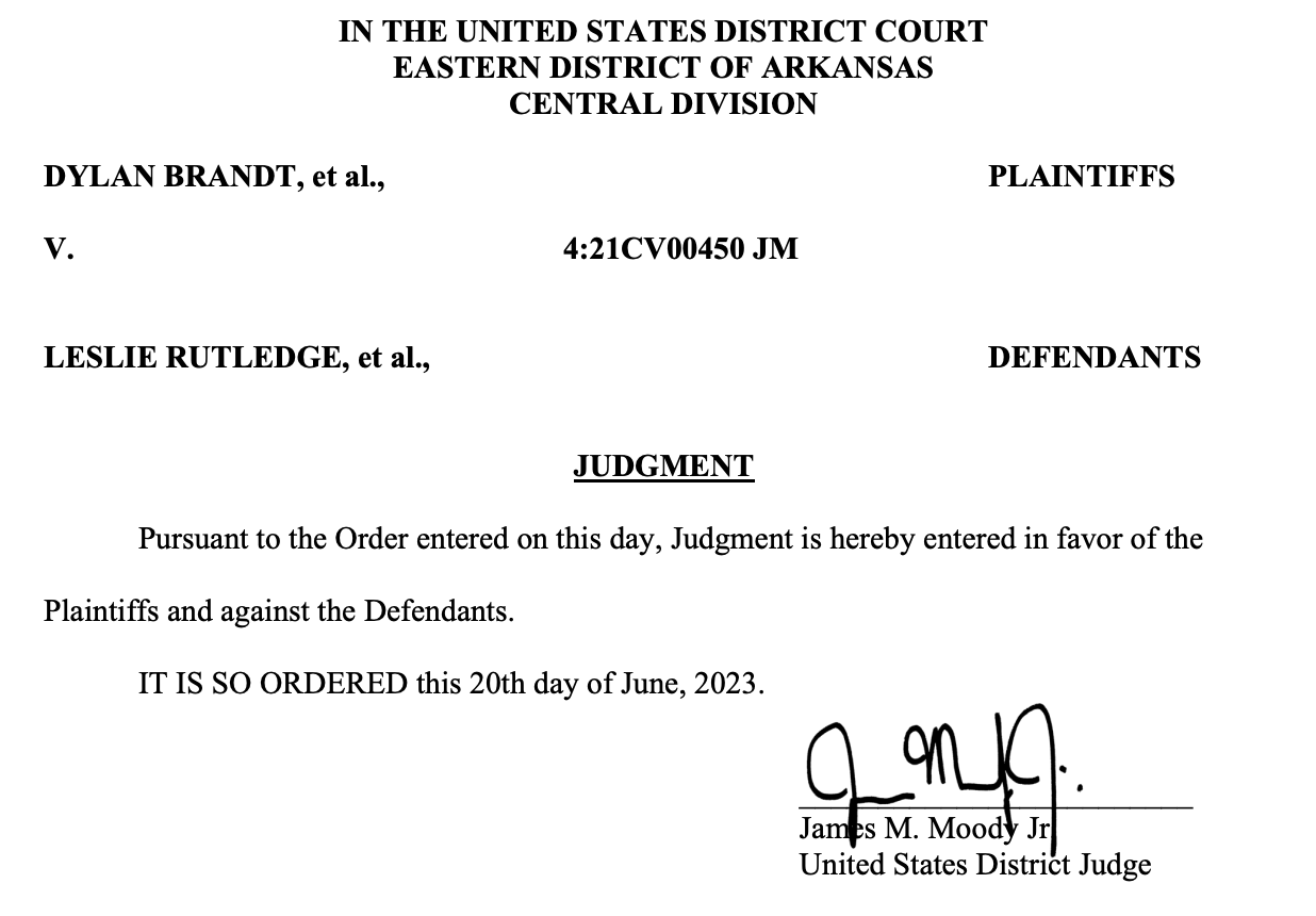 JUDGMENT Pursuant to the Order entered on this day, Judgment is hereby entered in favor of the Plaintiffs and against the Defendants. IT IS SO ORDERED this 20th day of June, 2023. 