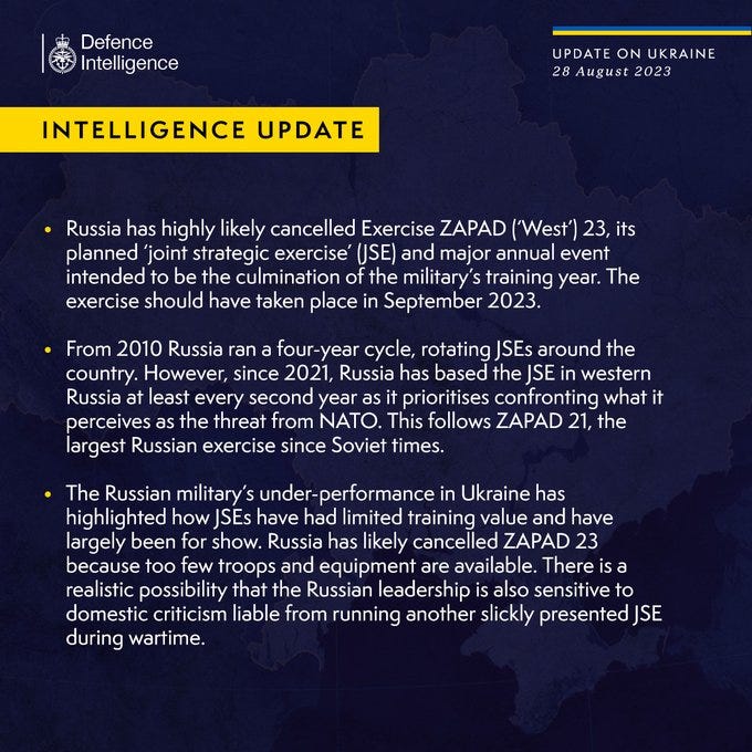 Latest Defence Intelligence update on the situation in Ukraine – 28 August 2023