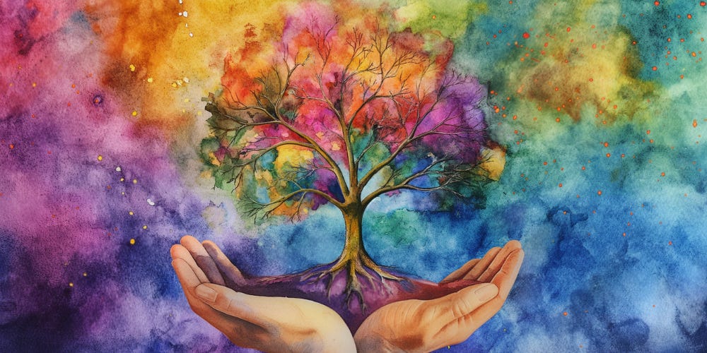 A colorful, abstract watercolor illustration of a pair of hands holding up the tree of life. A symbol of sacred stewardship.