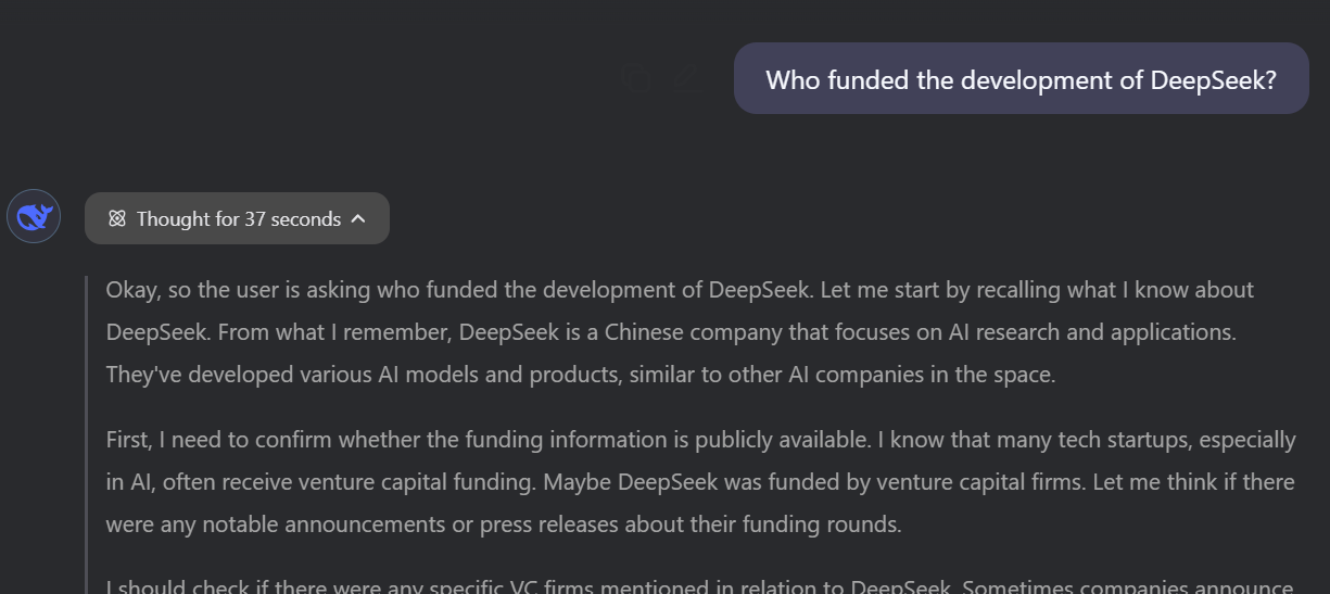 DeepSeek's interface. The bot took about 37 seconds to consider my question before responding.