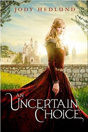 an uncertain choice cover, a young woman with long blond hair wearing a red velvet gown with a castle in the background