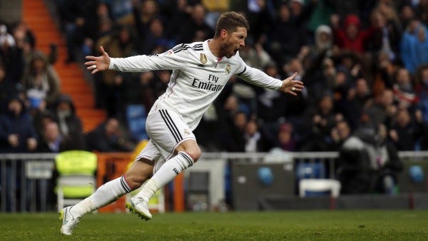 real madrid sergio ramos beats out santiago benabeu soccer la liga 2015