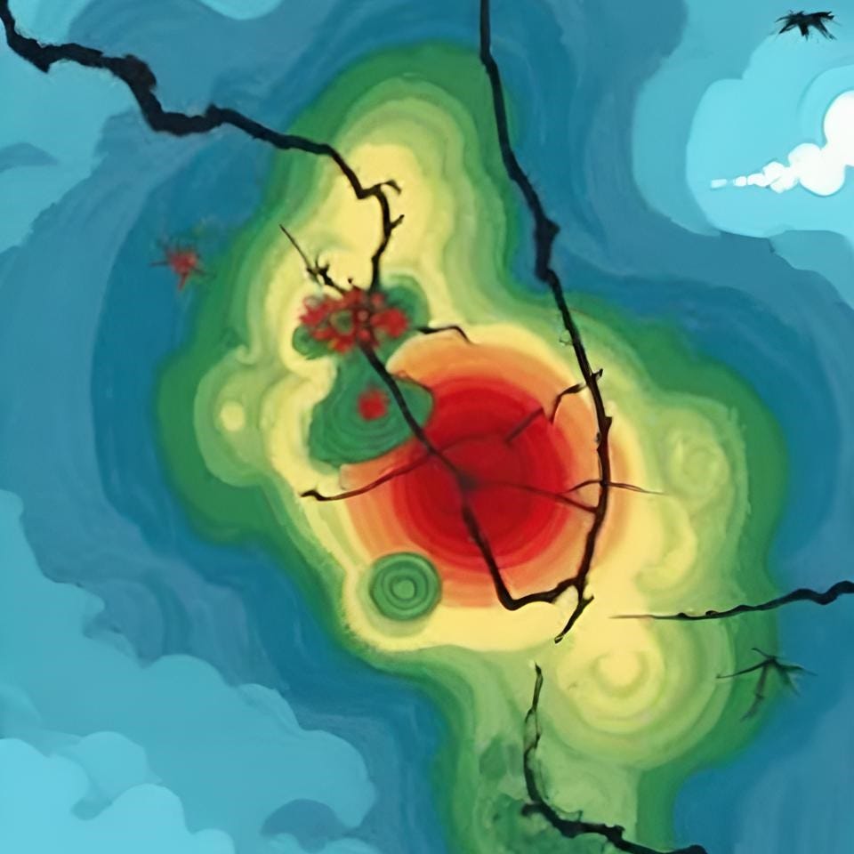 impressionistic image of a map of a peninsula with a red, yellow and green spiral disturbance similar to a weather model indicating a hurricane