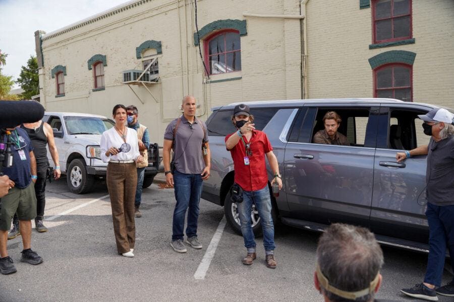 Richard Speight Jr directing on set of Walker with Jared Padalecki and Cody Bell.