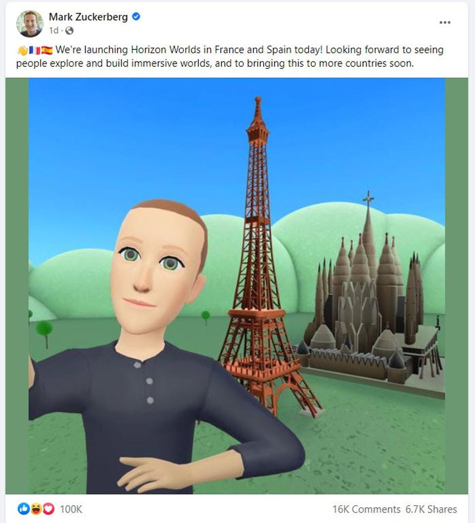 A screenshot of a Facebook post where Mark Zuckerberg embarrasses himself by posting a crude screenshot of a metaverse selfie featuring a copper Eiffel tower and La Sagarda Família in front of some hills that look like giant green sugar cookies.