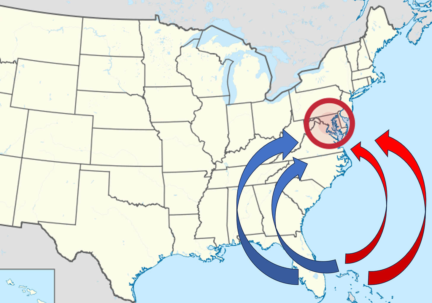 Picture of eastern seaboard, with red and blue arrows pointing at Washington, DC.