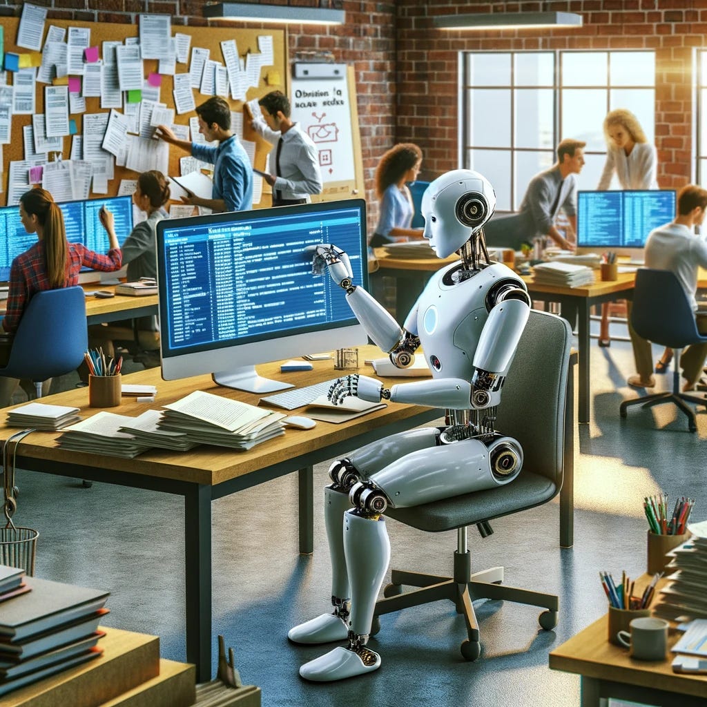 In an office setting, a humanoid robot sits comfortably at a desk cluttered with various documents and a computer. The robot is actively tagging documents with metadata, a task traditionally avoided by humans, as it displays a sense of satisfaction and efficiency. Around the robot, human workers are engaged in more creative and complex tasks, such as brainstorming, meeting with clients, and strategic planning, clearly relieved and more focused without the burden of tedious tasks. The scene captures the harmonious collaboration between AI and humans, where the AI takes over repetitive tasks, allowing humans to excel in areas requiring creativity and human intellect. The overall atmosphere is one of productivity, innovation, and mutual respect between technology and human skills.